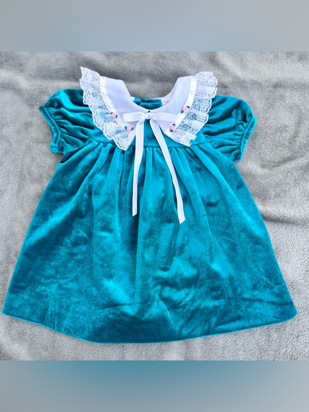 Vintage Rare Editions Baby Girl Teal Blue Velvet Special Occasion Dress- 18mo